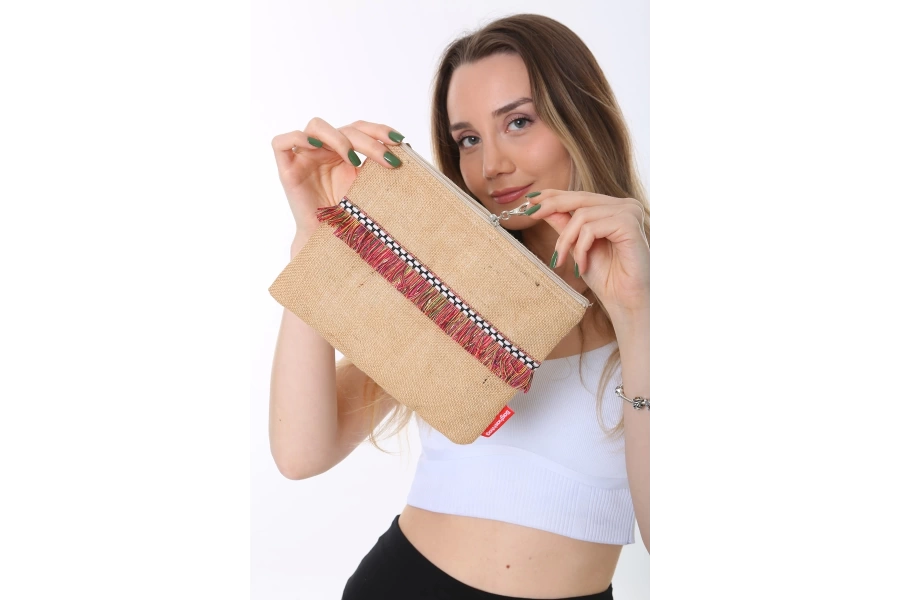 Shoecide Kırmızı İp Püsküllü Jüt Clutch Bez Çanta