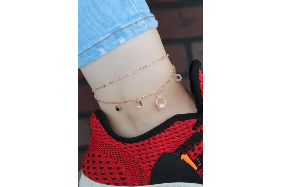 Shoecide Kristal Taşlı Halkalı Rose Renk Çift Zincirli Hal Hal