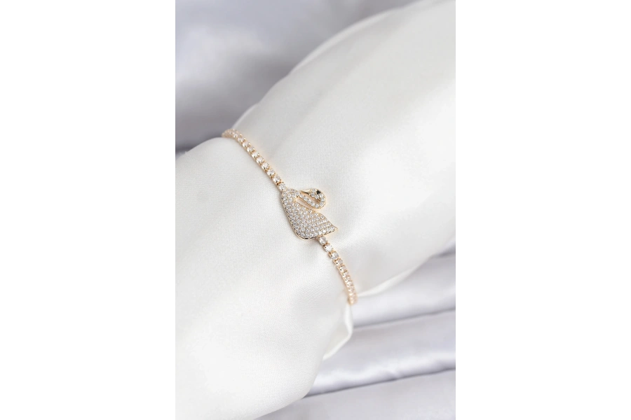 Shoecide Kuğu Model Zirkon Taşlı Gold Renk Asansörlü Su Yolu Bileklik