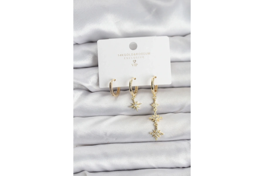 Shoecide Kutup Yıldızı Model Gold Renk Pirinç 3lü Kadın Küpe Seti