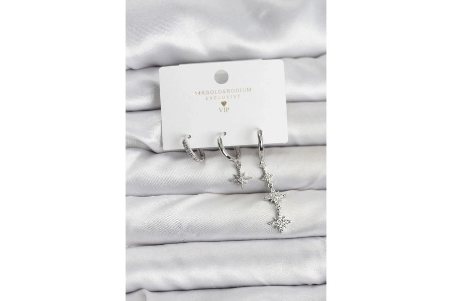 Shoecide Kutup Yıldızı Model Gümüş Renk Pirinç 3lü Kadın Küpe Seti