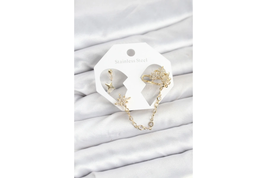 Shoecide Kutup Yıldızı Model Pirinç Gold Renk Zincir Bağlantılı Ear Cuff Küpe Seti