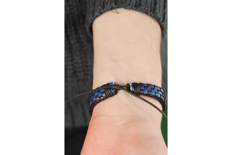 Shoecide Lacivert Damalı Deri Erkek Bileklik