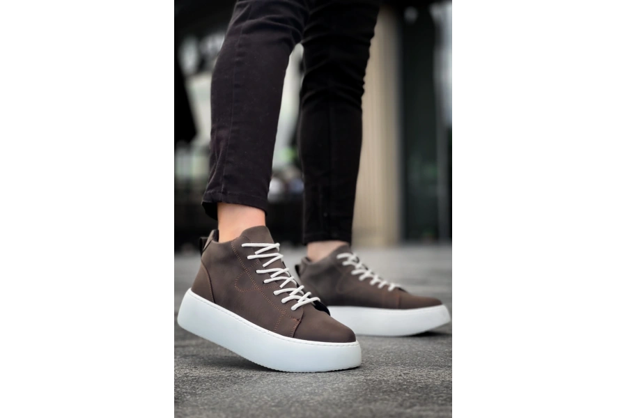 Shoecide Le10 Bağcıklı Erkek Yüksek Beyaz Taban Kahverengi Spor Bot