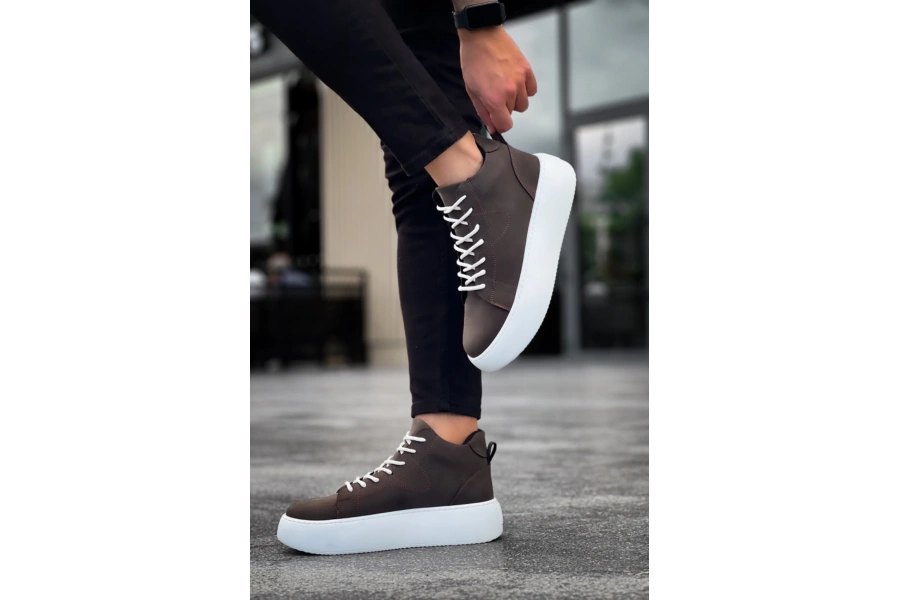 Shoecide Le10 Bağcıklı Erkek Yüksek Beyaz Taban Kahverengi Spor Bot