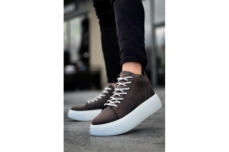 Shoecide Le10 Bağcıklı Erkek Yüksek Beyaz Taban Kahverengi Spor Bot
