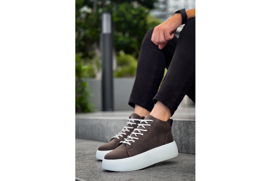 Shoecide Le10 Bağcıklı Erkek Yüksek Beyaz Taban Kahverengi Spor Bot