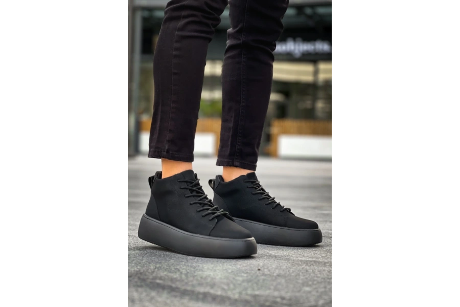 Shoecide Le10 Bağcıklı Erkek Yüksek Siyah Taban Siyah Spor Bot