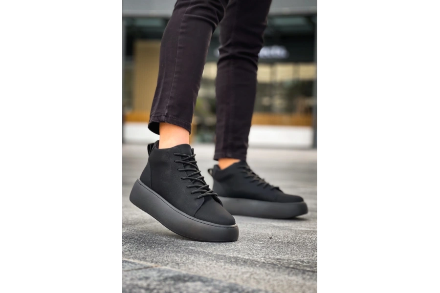 Shoecide Le10 Bağcıklı Erkek Yüksek Siyah Taban Siyah Spor Bot