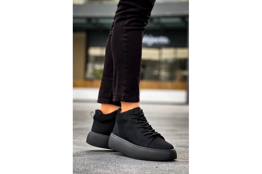Shoecide Le10 Bağcıklı Erkek Yüksek Siyah Taban Siyah Spor Bot
