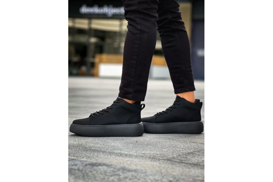 Shoecide Le10 Bağcıklı Erkek Yüksek Siyah Taban Siyah Spor Bot