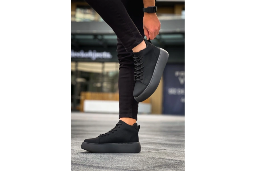 Shoecide Le10 Bağcıklı Erkek Yüksek Siyah Taban Siyah Spor Bot