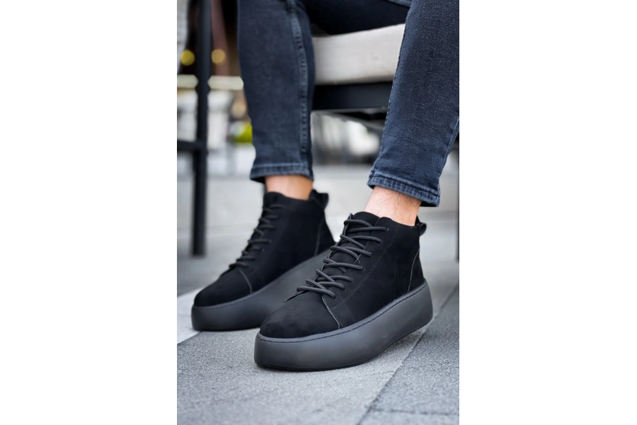 Shoecide Le10 Bağcıklı Erkek Yüksek Siyah Taban Siyah Süet Spor Bot