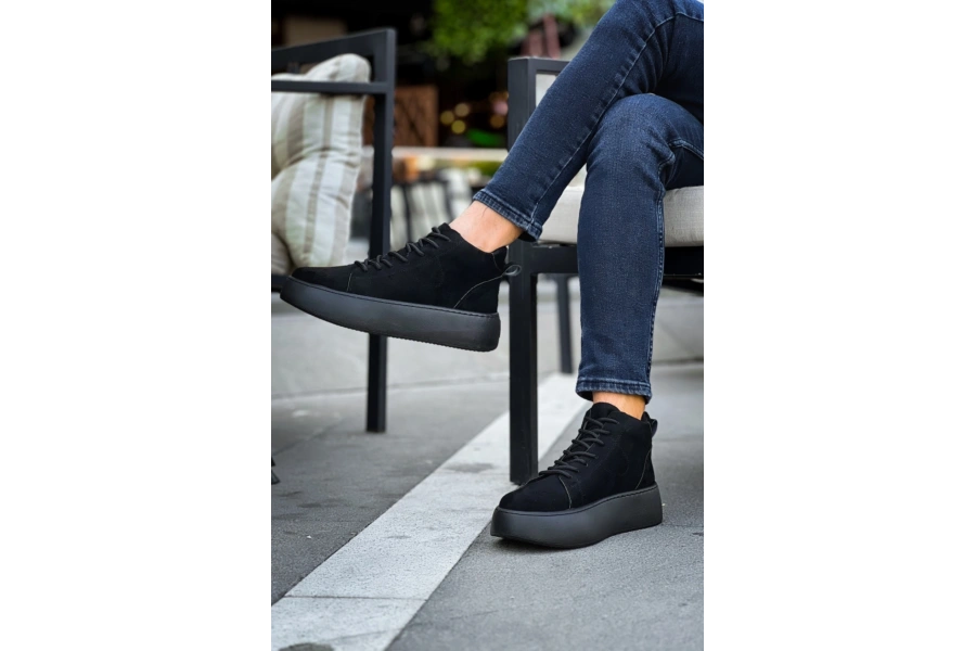 Shoecide Le10 Bağcıklı Erkek Yüksek Siyah Taban Siyah Süet Spor Bot