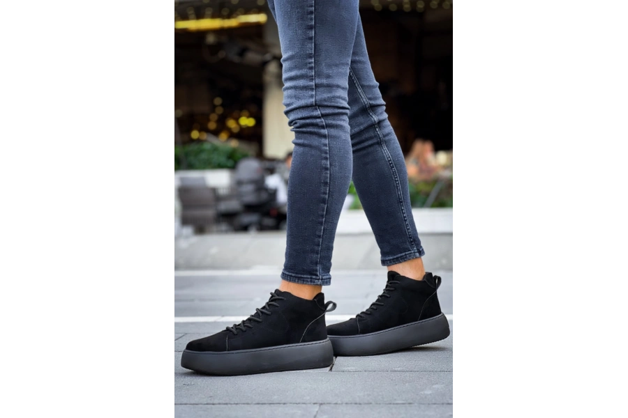 Shoecide Le10 Bağcıklı Erkek Yüksek Siyah Taban Siyah Süet Spor Bot
