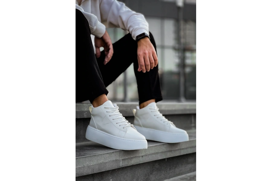 Shoecide Le10 Bağcıklı Erkek Yüksek Taban Beyaz Spor Bot