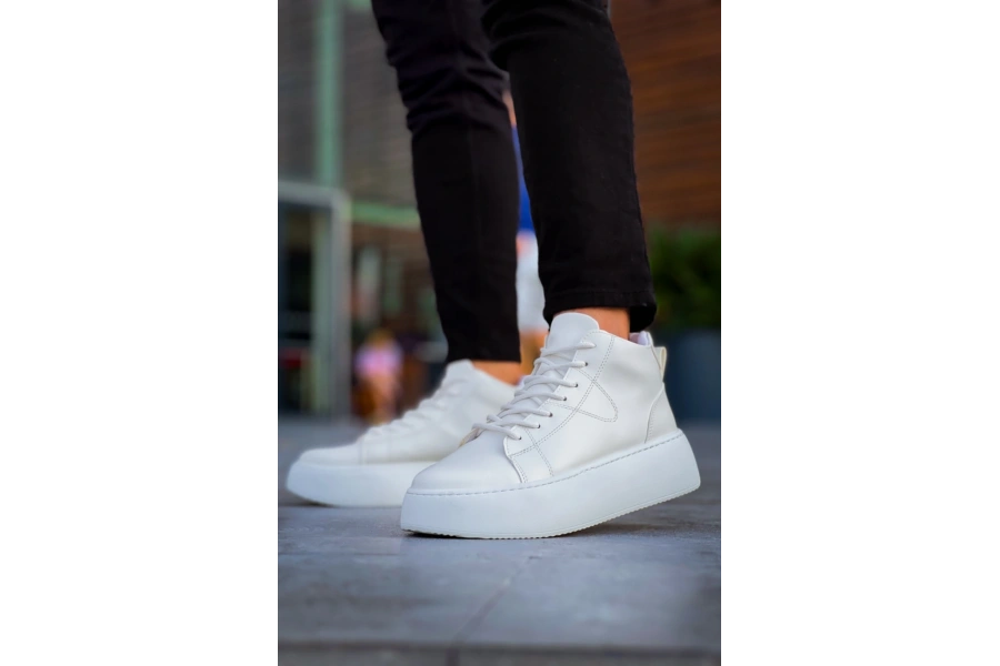Shoecide Le10 Bağcıklı Erkek Yüksek Taban Beyaz Spor Bot