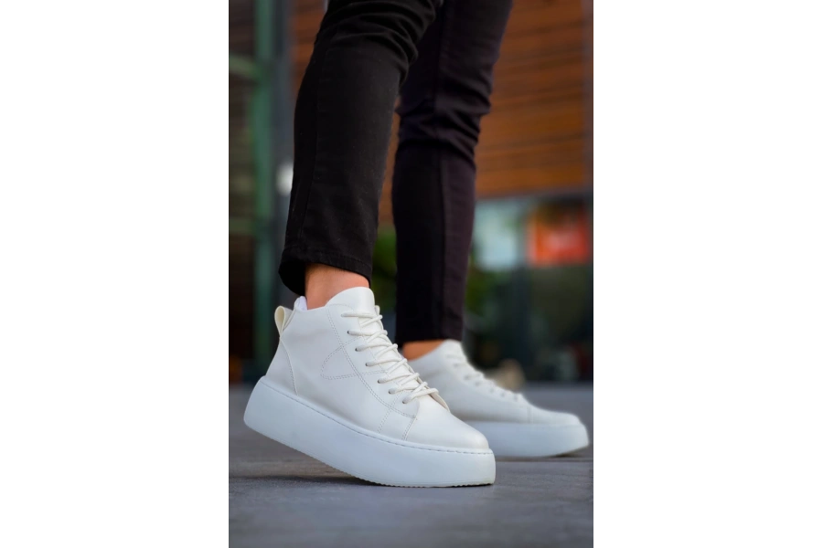 Shoecide Le10 Bağcıklı Erkek Yüksek Taban Beyaz Spor Bot