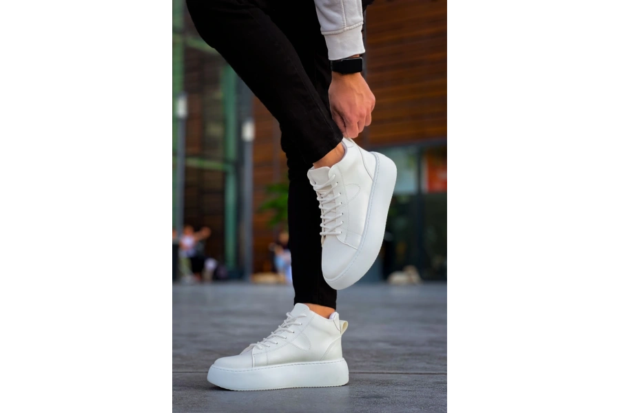 Shoecide Le10 Bağcıklı Erkek Yüksek Taban Beyaz Spor Bot
