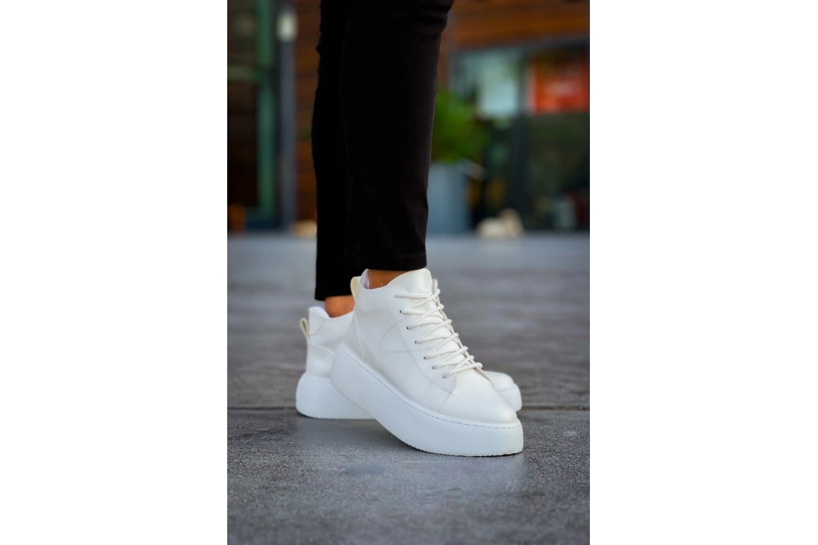 Shoecide Le10 Bağcıklı Erkek Yüksek Taban Beyaz Spor Bot