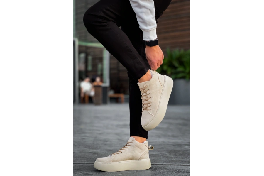 Shoecide Le10 Bağcıklı Erkek Yüksek Taban İthal Süet Krem Spor Bot