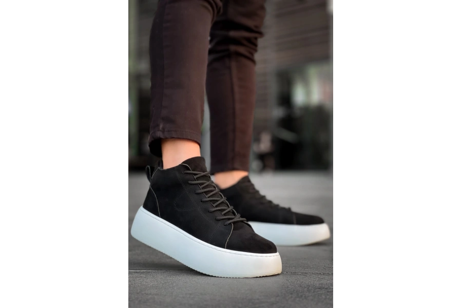 Shoecide Le10 Bağcıklı Erkek Yüksek Taban İthal Süet Siyah Spor Bot