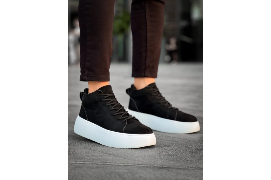 Shoecide Le10 Bağcıklı Erkek Yüksek Taban İthal Süet Siyah Spor Bot