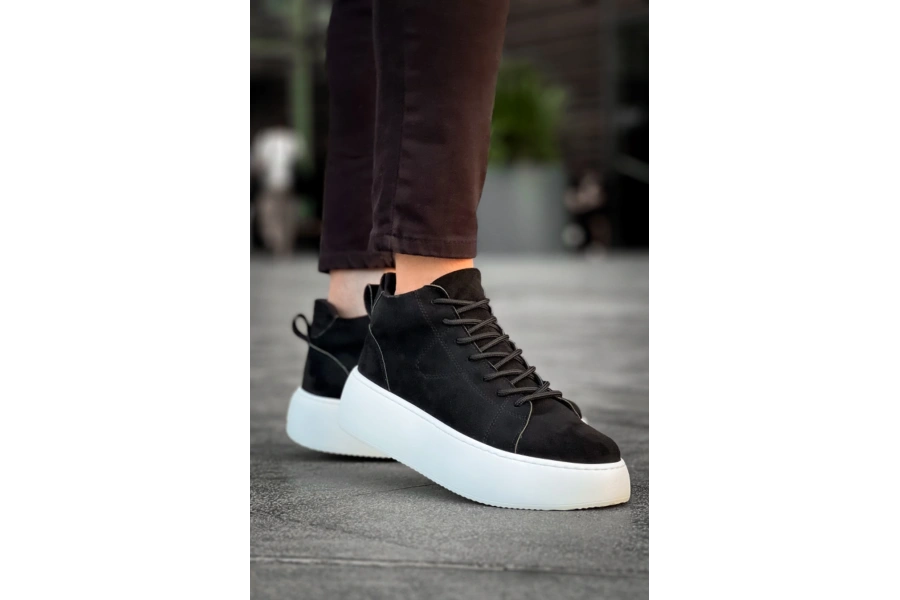 Shoecide Le10 Bağcıklı Erkek Yüksek Taban İthal Süet Siyah Spor Bot