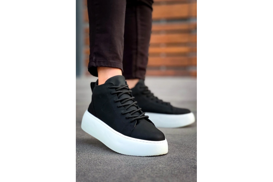 Shoecide Le10 Bağcıklı Erkek Yüksek Taban Siyah Spor Bot