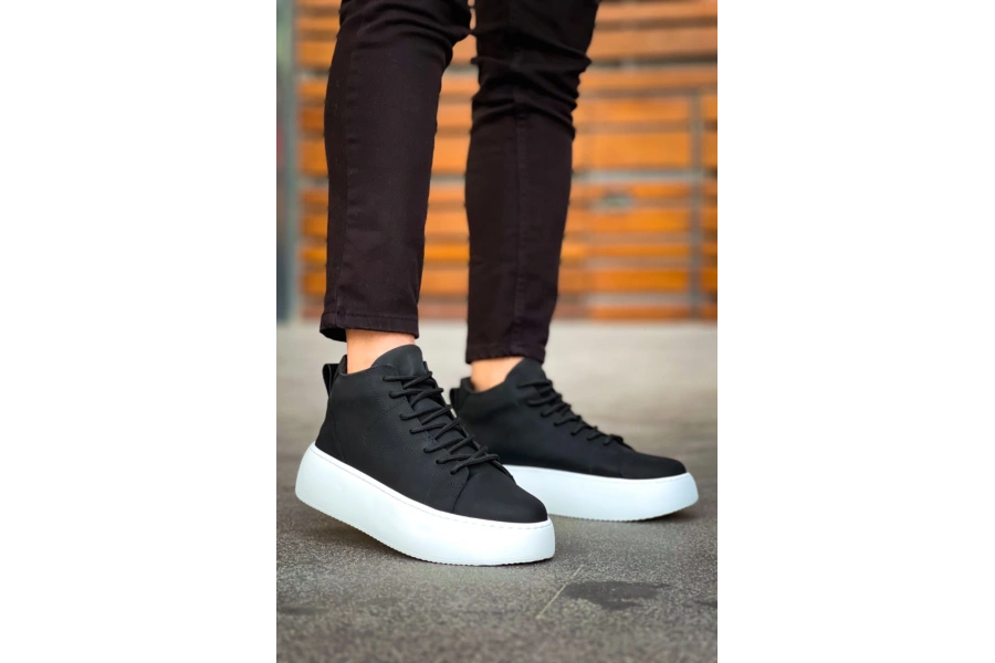Shoecide Le10 Bağcıklı Erkek Yüksek Taban Siyah Spor Bot