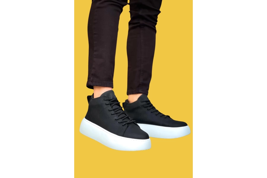 Shoecide Le10 Bağcıklı Yüksek Taban Erkek Siyah Spor Bot