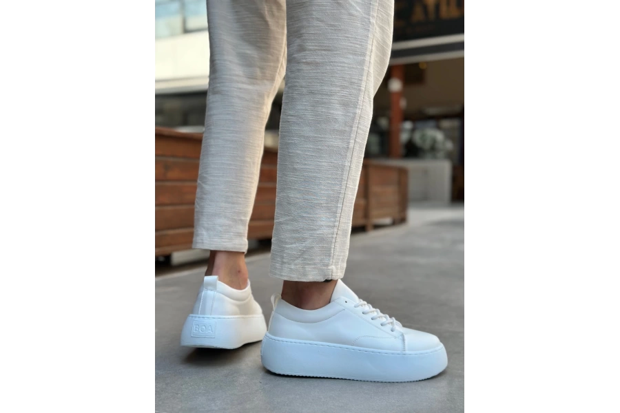 Shoecide Le11 Bağcıklı Erkek Yüksek Taban Beyaz Spor Ayakkabı