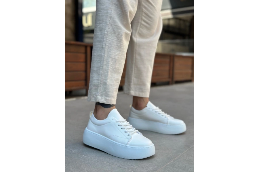 Shoecide Le11 Bağcıklı Erkek Yüksek Taban Beyaz Spor Ayakkabı
