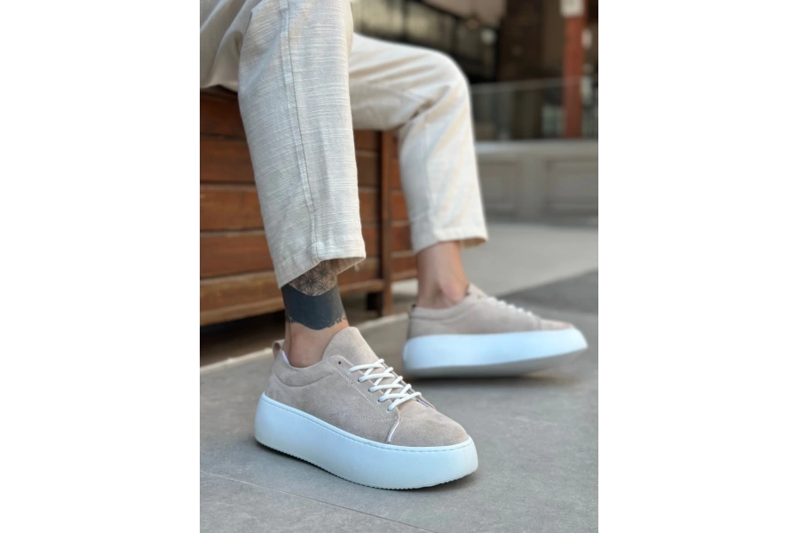 Shoecide Le11 Bağcıklı Erkek Yüksek Taban İthal Süet Krem Spor Ayakkabı