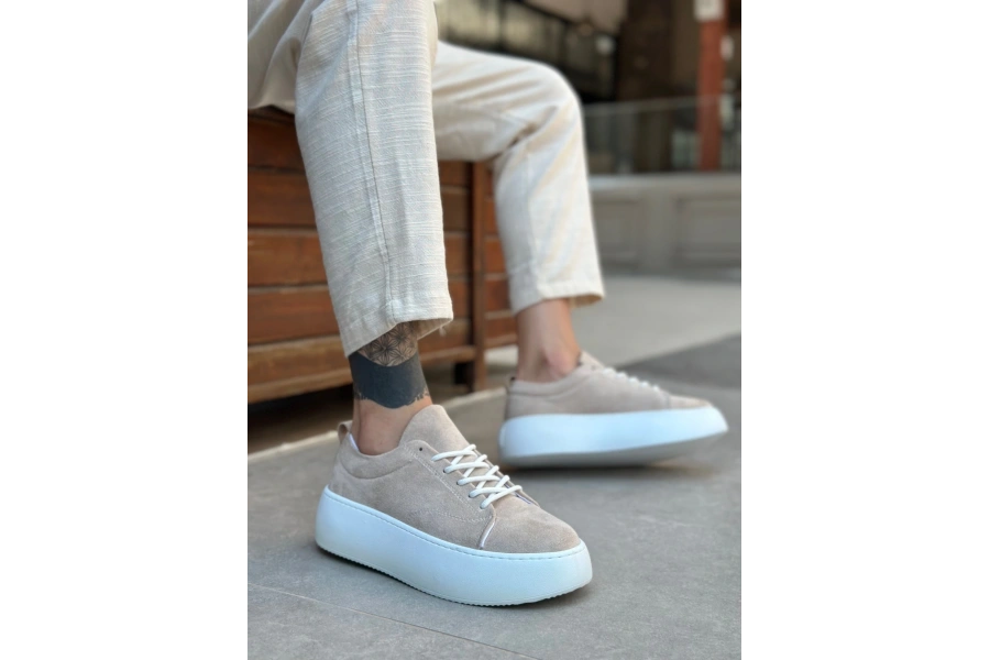 Shoecide Le11 Bağcıklı Erkek Yüksek Taban İthal Süet Krem Spor Ayakkabı
