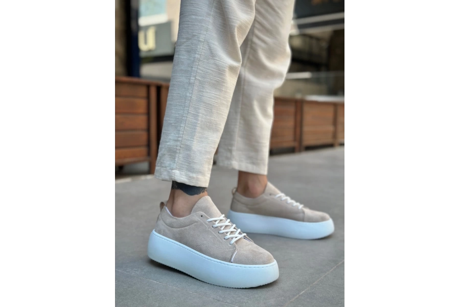 Shoecide Le11 Bağcıklı Erkek Yüksek Taban İthal Süet Krem Spor Ayakkabı