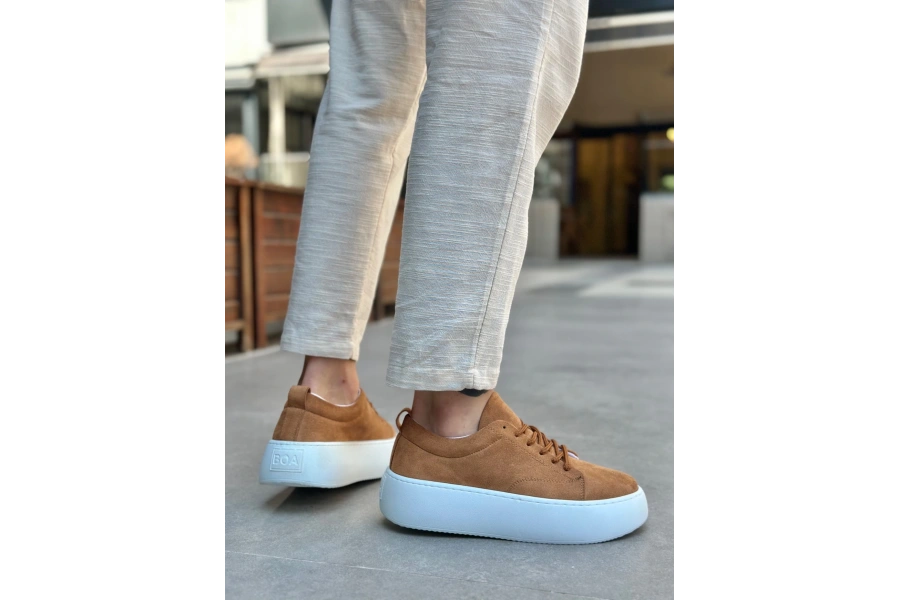 Shoecide Le11 Bağcıklı Erkek Yüksek Taban İthal Süet Taba Spor Ayakkabı