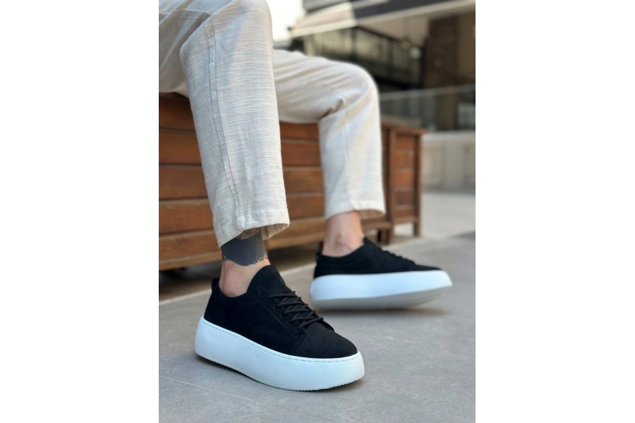Shoecide Le11 Bağcıklı Erkek Yüksek Taban Siyah Süet Spor Ayakkabı
