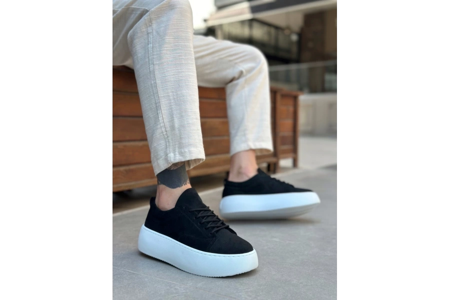 Shoecide Le11 Bağcıklı Erkek Yüksek Taban Siyah Süet Spor Ayakkabı