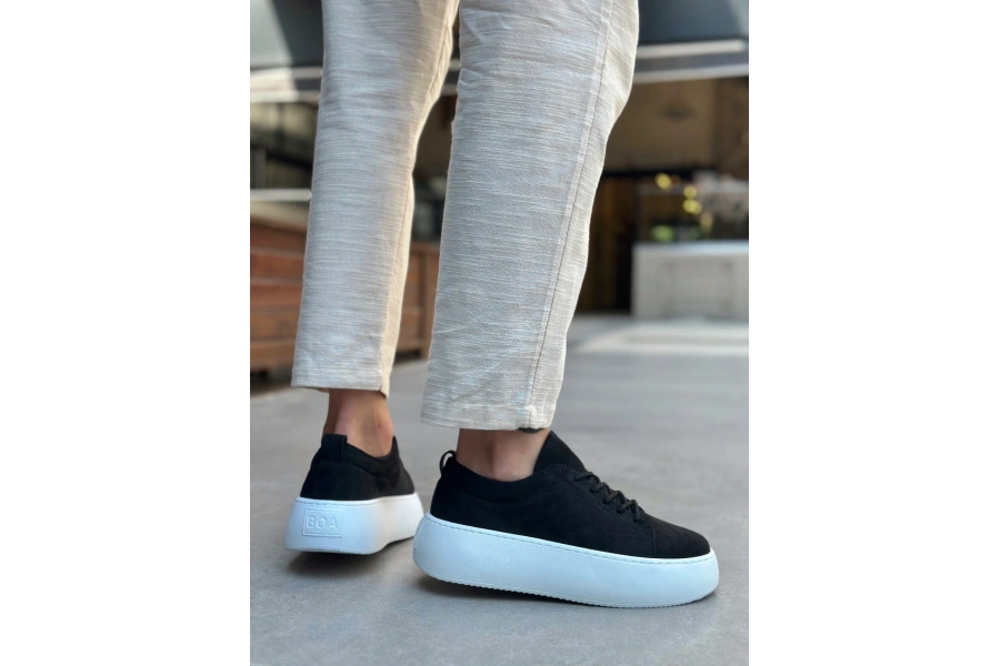 Shoecide Le11 Bağcıklı Erkek Yüksek Taban Siyah Süet Spor Ayakkabı