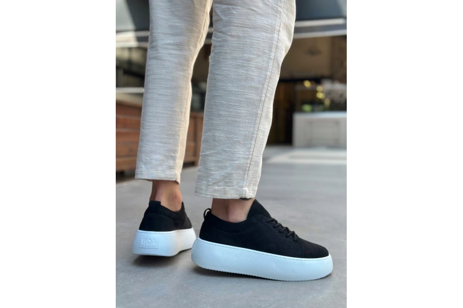 Shoecide Le11 Bağcıklı Erkek Yüksek Taban Siyah Süet Spor Ayakkabı