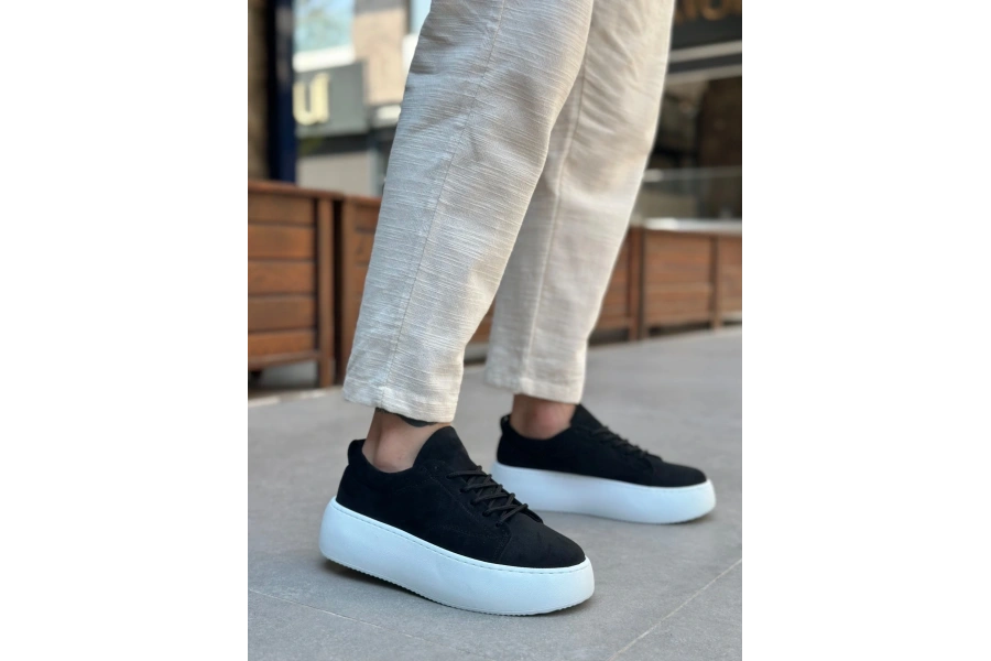 Shoecide Le11 Bağcıklı Erkek Yüksek Taban Siyah Süet Spor Ayakkabı