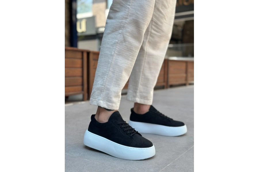 Shoecide Le11 Bağcıklı Erkek Yüksek Taban Siyah Süet Spor Ayakkabı