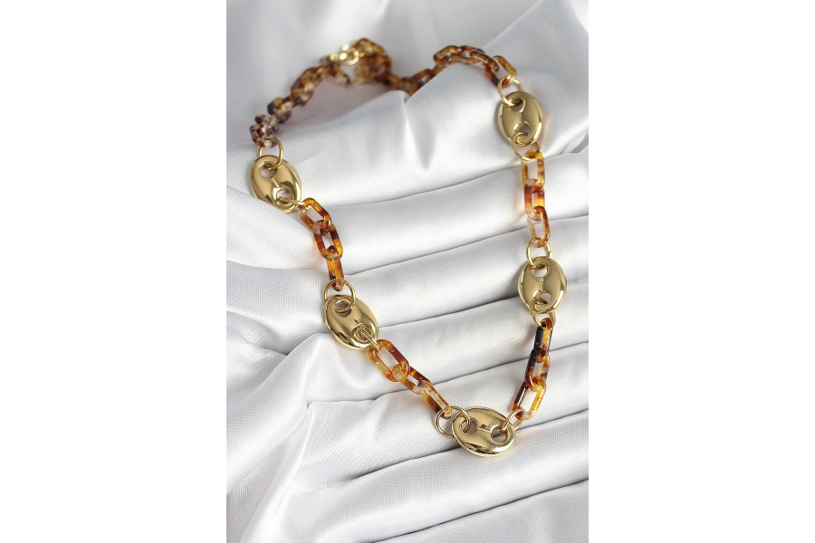 Shoecide Leopar Desenli Mika Gold Renk Zincir Kadın Kolye