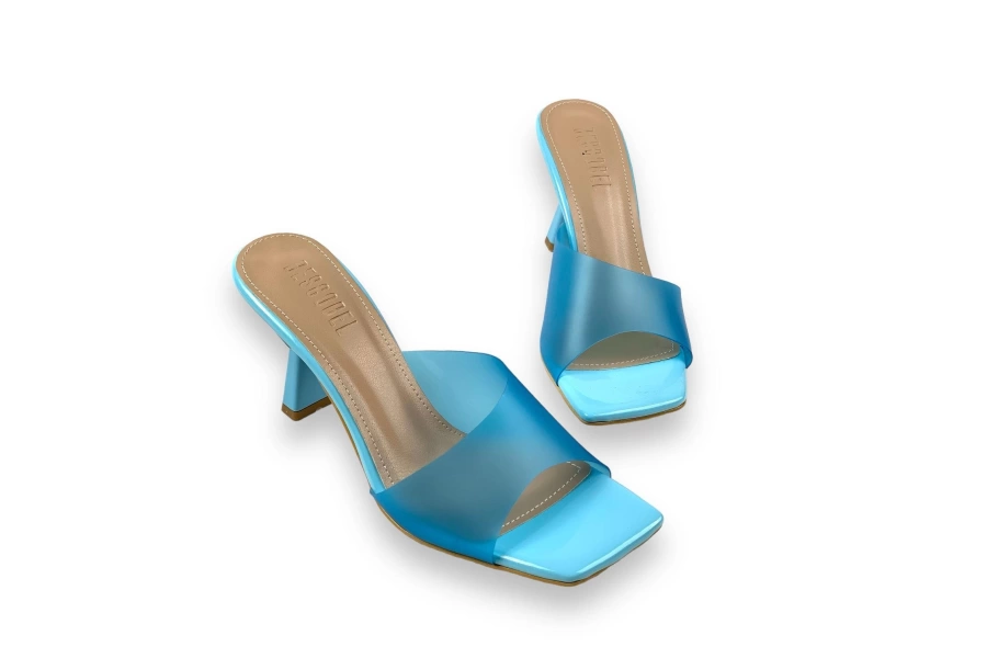 Shoecide Lux Kadın Bomm Mavi Rugan Detaylı İnce Topuk Terlik 6cm 3765