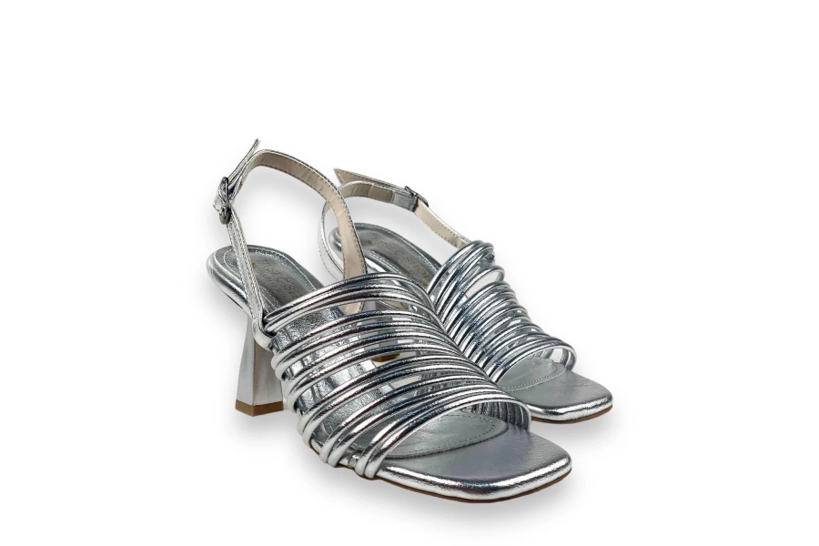 Shoecide Lux Kadın Çalç Gümüş Topuklu Biyeli Bilekten Bağlamalı Sandalet 8 Cm 201