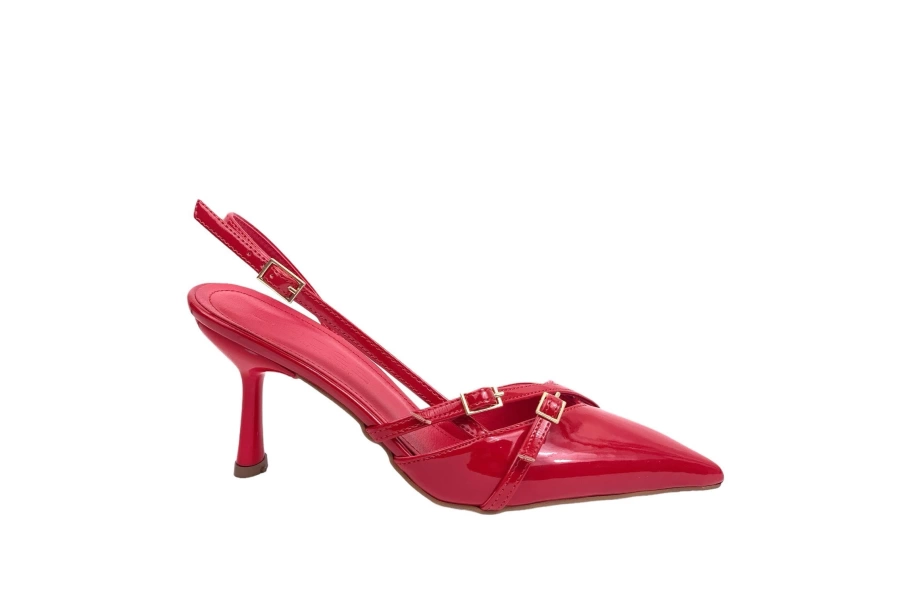 Shoecide Lux Kadın Ferga Kırmızı Çift Tokalı Topuklu Ayakkabı Sandalet 7 Cm 2105