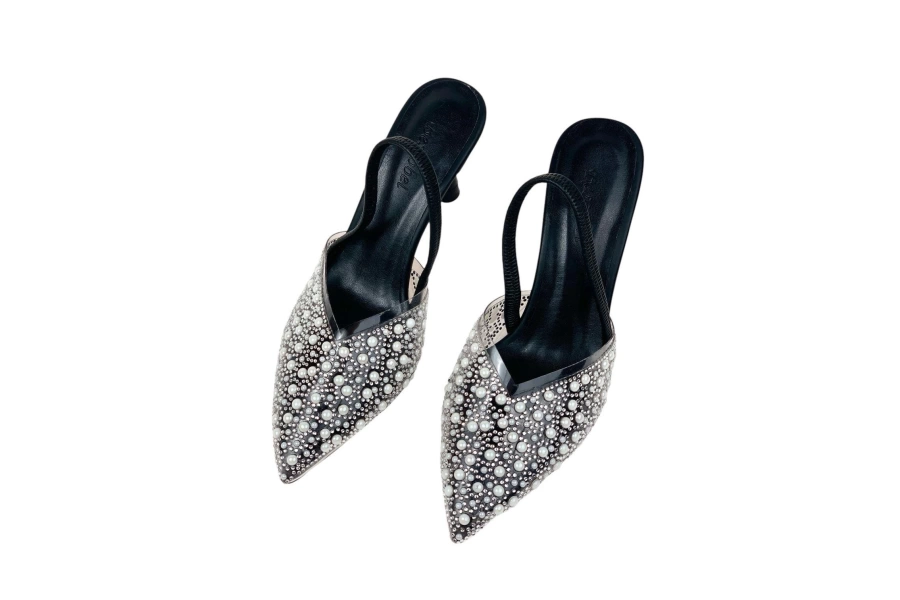 Shoecide Lux Kadın Kelma Siyah Taşlı Arkası Lastikli Ayakkabı Terlik 7cm 806