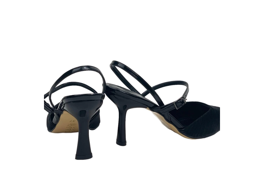 Shoecide Lux Kadın Kotla Siyah İnce Topuk Bilekten Bağlamalı Kırışık Malzeme Ayakkabı 8 Cm 2103