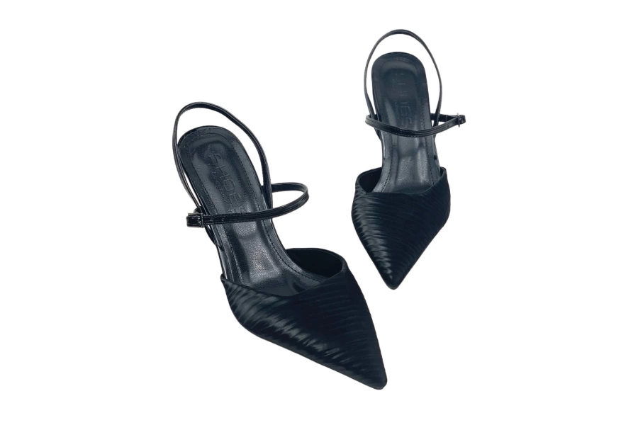 Shoecide Lux Kadın Kotla Siyah İnce Topuk Bilekten Bağlamalı Kırışık Malzeme Ayakkabı 8 Cm 2103